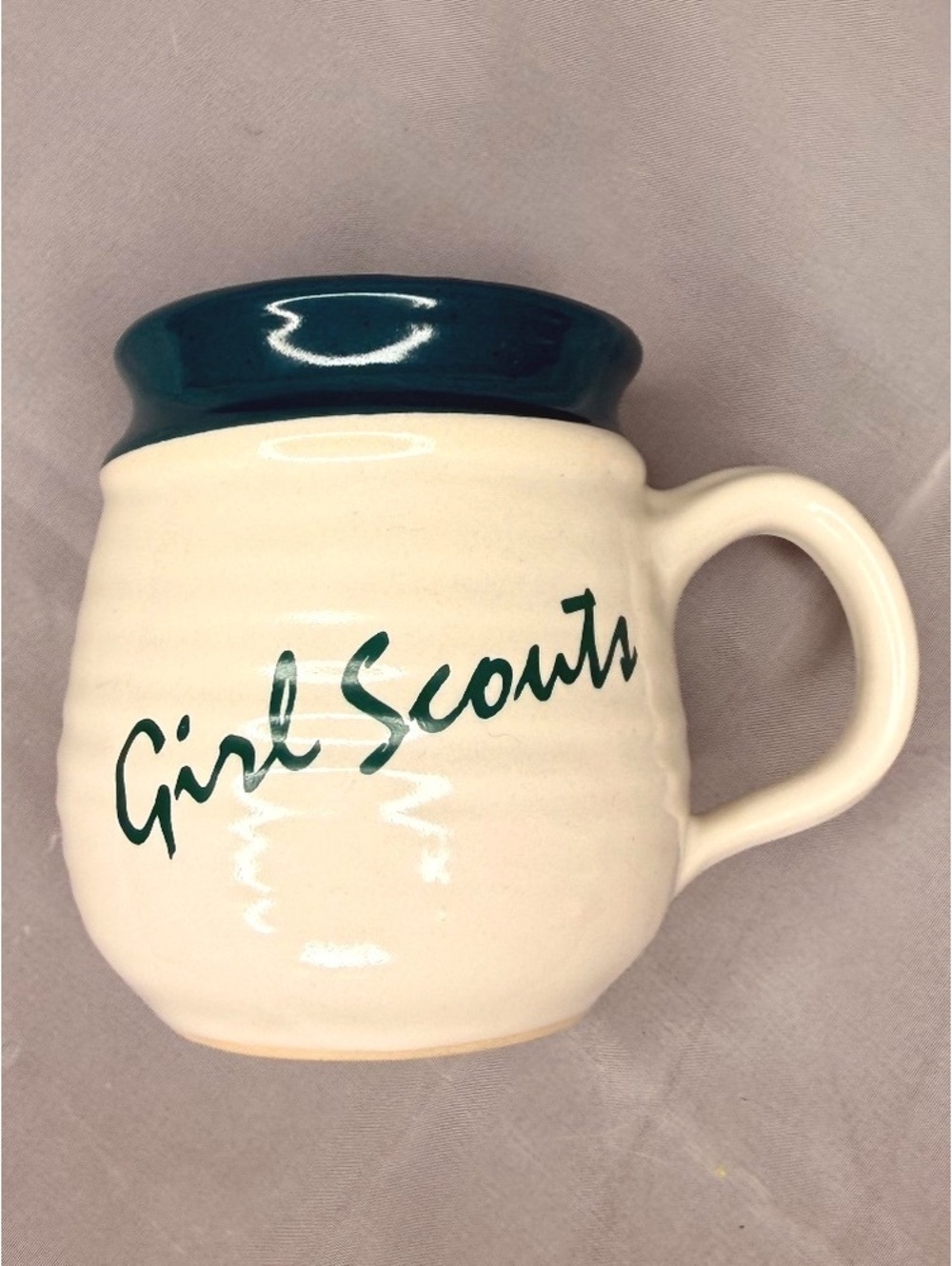 1980s Girl Scouts USA Stoneware Mug Green Rim Coffee Cup Made in USA